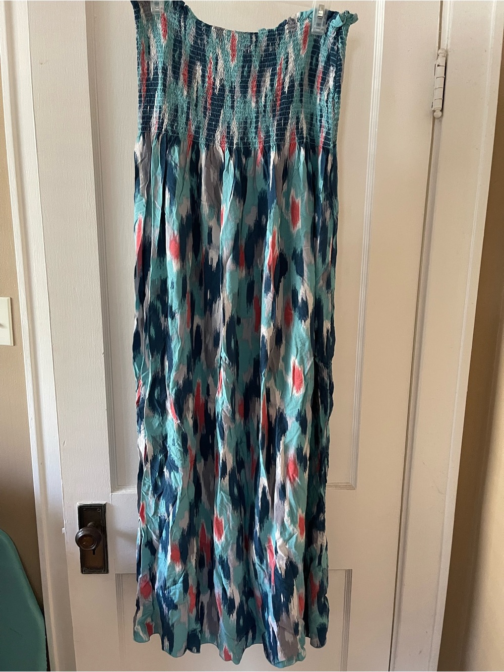 Smocked Waist Teal Multi-Color Maxi Skirt
